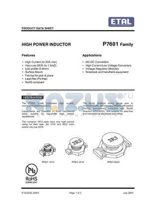 P7601-1813-100M datasheet - HIGH POWER INDUCTOR