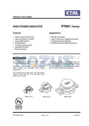 P7601-1813-100MT datasheet - HIGH POWER INDUCTOR