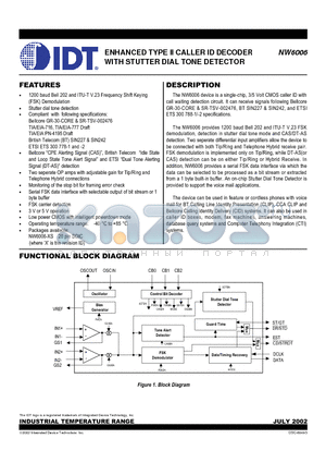 NW6006-XS datasheet - ENHANCED TYPE II CALLER ID DECODER WITH STUTTER DIAL TONE DETECTOR