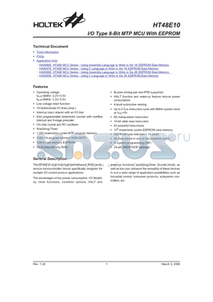 HT48E10 datasheet - I/O Type 8-Bit MTP MCU With EEPROM