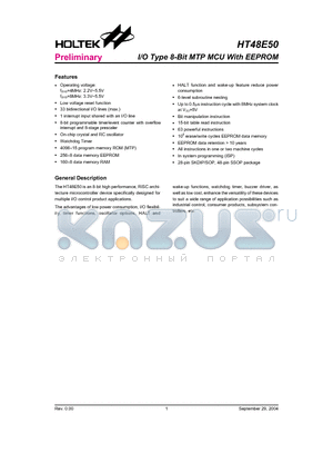 HT48E50 datasheet - I/O Type 8-Bit MTP MCU With EEPROM