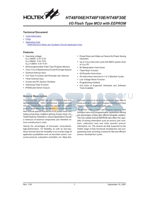 HT48F10E datasheet - I/O Flash Type MCU with EEPROM