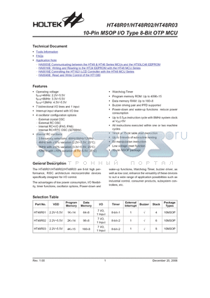 HT48R02 datasheet - 10-Pin MSOP I/O Type 8-Bit OTP MCU