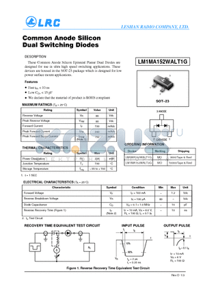 LM1MA152WALT1G datasheet - Common Anode Silicon Dual Switching Diodes