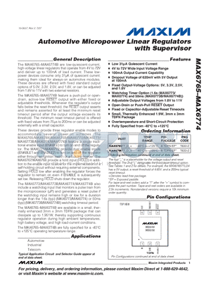 MAX6766TT_D_+ datasheet - Automotive Micropower Linear Regulators with Supervisor