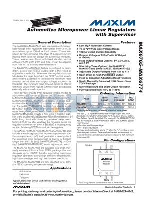 MAX6767 datasheet - Automotive Micropower Linear Regulators with Supervisor