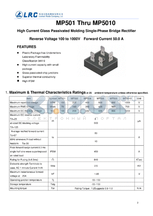 MP502 datasheet - High Current Glass Passivated Molding Single-Phase Bridge Rectifier