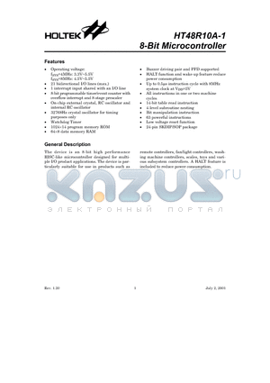 HT48R10A datasheet - 8-Bit Microcontroller