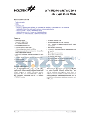 HT48R30A-1 datasheet - I/O Type 8-Bit MCU