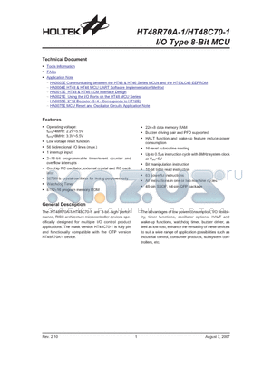 HT48R70A-1 datasheet - I/O Type 8-Bit MCU