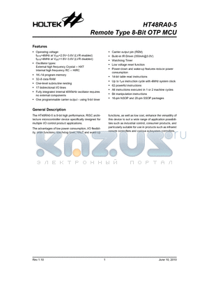 HT48RA0-5 datasheet - Remote Type 8-Bit OTP MCU