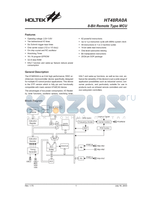 HT48RA0A datasheet - 8-Bit Remote Type MCU