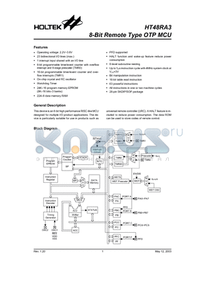 HT48RA3 datasheet - 8-Bit Remote Type OTP MCU