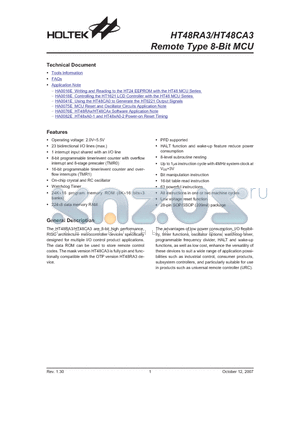 HT48RA3 datasheet - Remote Type 8-Bit MCU