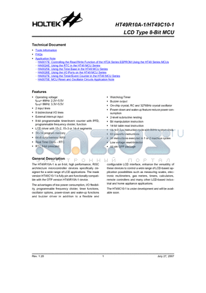 HT49C10-1 datasheet - LCD Type 8-Bit MCU