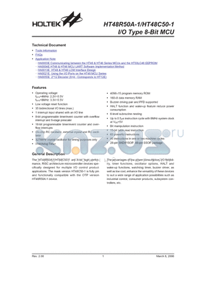 HT48R50A-1 datasheet - I/O Type 8-Bit MCU