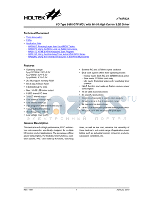 HT48R52A datasheet - I/O Type 8-Bit OTP MCU with 1616 High Current LED Driver