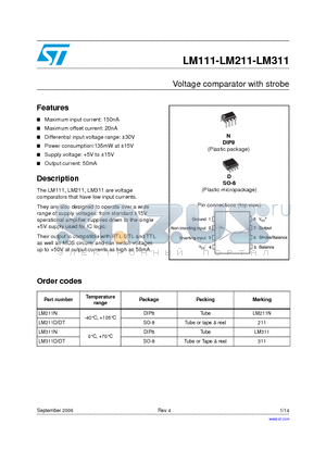 LM211DT datasheet - Voltage comparator with strobe