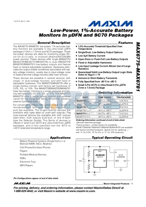 MAX6780LTAT datasheet - Low-Power, 1%-Accurate Battery Monitors in uDFN and SC70 Packages