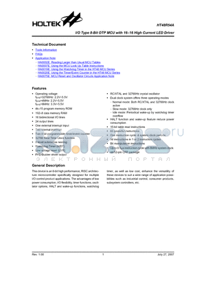 HT48R54A datasheet - I/O Type 8-Bit OTP MCU with 16x16 High Current LED Driver