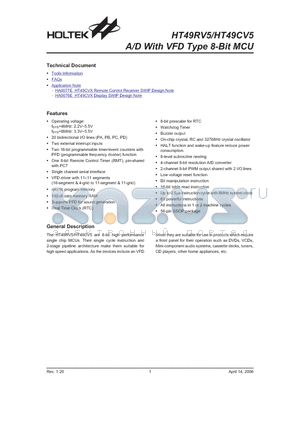 HT49CV5 datasheet - A/D With VFD Type 8-Bit MCU