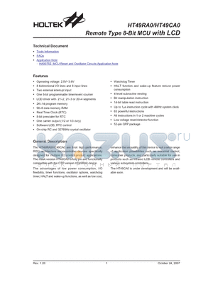 HT49CA0 datasheet - Remote Type 8-Bit MCU with LCD