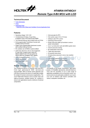 HT49CA1 datasheet - Remote Type 8-Bit MCU with LCD