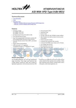 HT49RV5 datasheet - A/D With VFD Type 8-Bit MCU