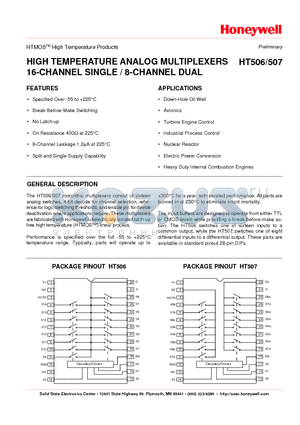 HT506 datasheet - HIGH TEMPERATURE ANALOG MULTIPLEXERS 16-CHANNEL SINGLE / 8-CHANNEL DUAL