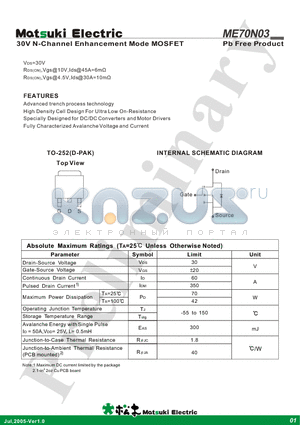 ME70N03 datasheet - 30V N-Channel Enhancement Mode MOSFET
