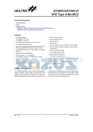 HT49RV3 datasheet - VFD Type 8-Bit MCU