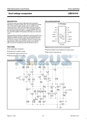 LM219 datasheet - Dual voltage comparator