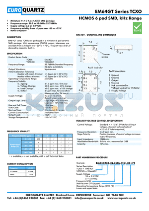 EM64GT33-32.768K-2.5-30 datasheet - HCMOS 6 pad SMD, kHz Range