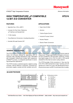 HT574 datasheet - HIGH TEMPERATURE UP COMPATIBLE 12-BIT A/D CONVERTER