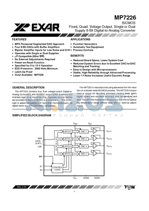 MP7226 datasheet - BiCMOS Fixed, Quad, Voltage Output, Single or Dual Supply 8-Bit Digital-to-Analog Converter