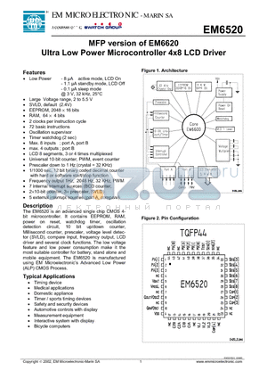 EM6520 datasheet - MFP version of EM6620 Ultra Low Power Microcontroller 4x8 LCD Driver