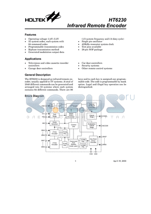 HT6230 datasheet - Infrared Remote Encoder