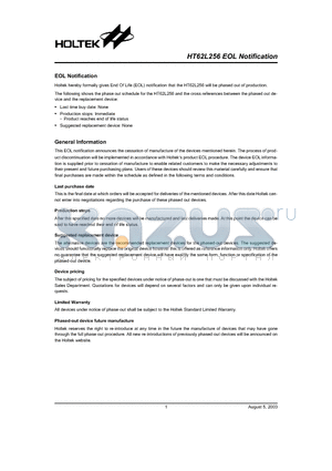 HT62L256 datasheet - HT62L256 EOL Notification