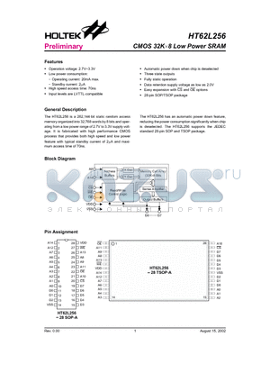 HT62L256-28SOP-A datasheet - CMOS 32Kx8 Low Power SRAM