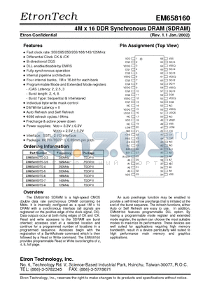 EM658160TS-35 datasheet - 4M x 16 DDR Synchronous DRAM (SDRAM)