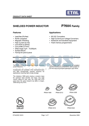 P7604-1608-150M datasheet - SHIELDED POWER INDUCTOR