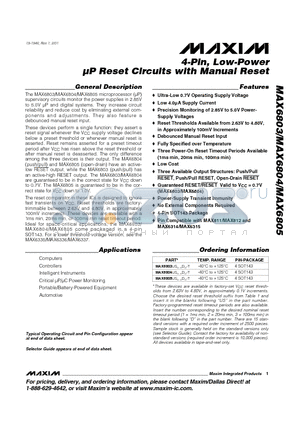 MAX6803US44D3-T datasheet - 4-Pin, Low-Power lP Reset Circuits with Manual Reset