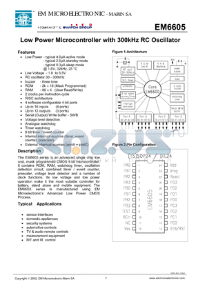 EM6605WS11 datasheet - Low Power Microcontroller with 300kHz RC Oscillator