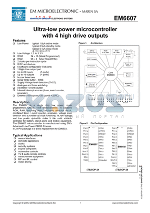 EM6607 datasheet - Ultra-low power microcontroller with 4 high drive outputs
