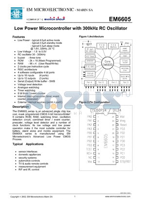EM6605WS27 datasheet - Low Power Microcontroller with 300kHz RC Oscillator