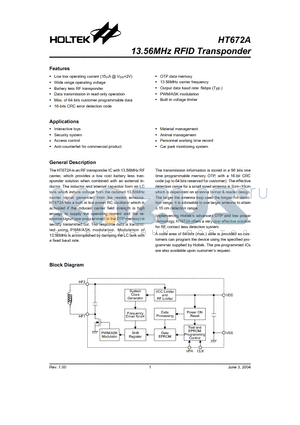 HT672A datasheet - 13.56MHz RFID Transponder