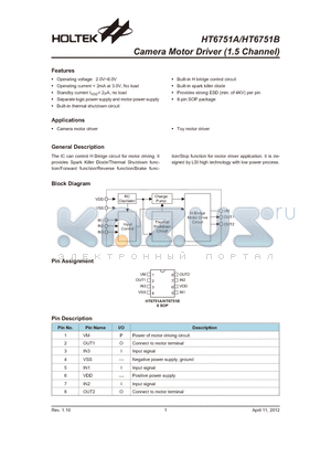 HT6751B datasheet - Camera Motor Driver (1.5 Channel)