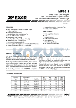 MP7611CP datasheet - Octal 14-Bit DAC Array D/A Converter with Output Amplifier and Parallel Data/Address UP Control Logic