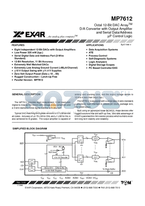 MP7612AP datasheet - Octal 12-Bit DAC Array D/A Converter with Output Amplifier and Serial Data/Address uP Control Logic