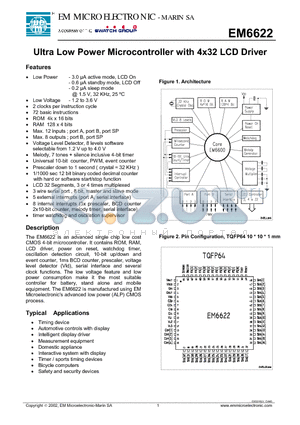 EM6622WW11 datasheet - Ultra Low Power Microcontroller with 4x32 LCD Driver